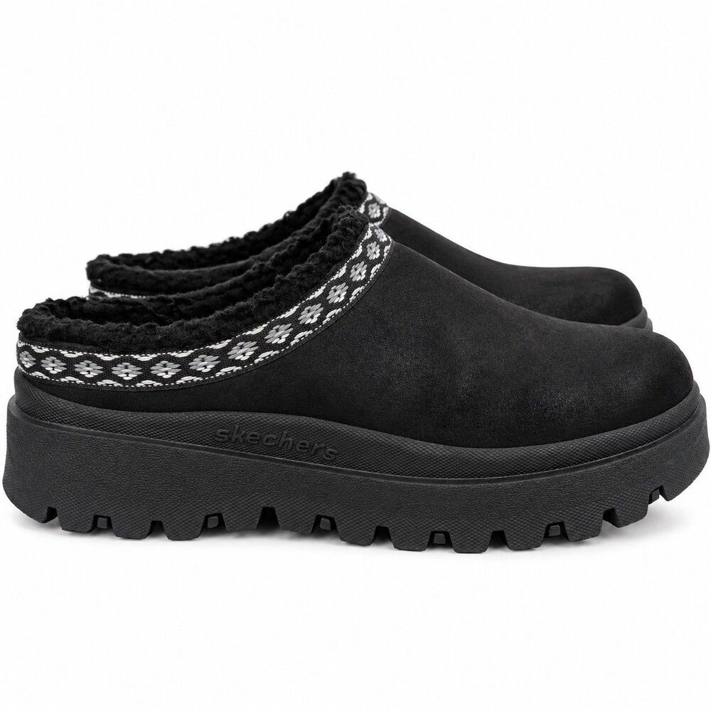 Skechers Shindigs Comfy Hour Platform Clogs Mules Womens 9 Black Faux Fur Y2K